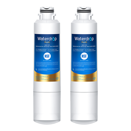 Two Waterdrop Plus water filters on a white background