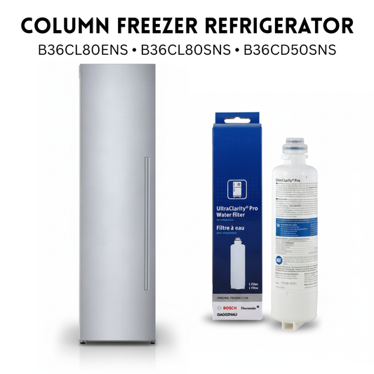 Column freezer refrigerator with water filter packaging and filter on a white background