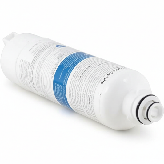 UltraClarity Pro Bosch refrigerator water filter cartridge with white cylindrical body, blue label, and dual O-ring connector end.