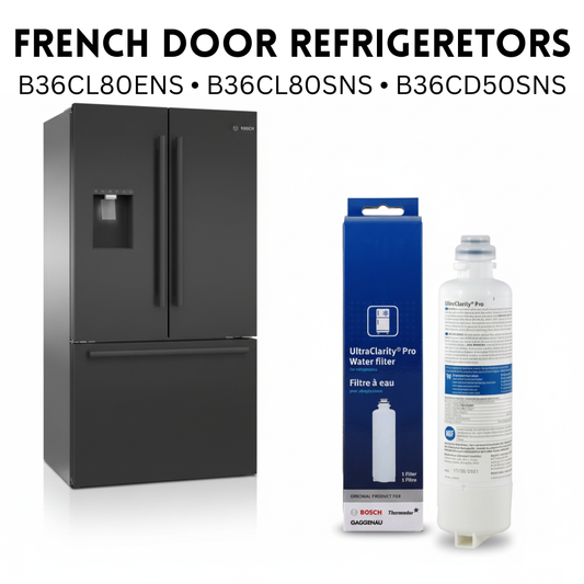 Black French door refrigerator with water filter and packaging on a white background