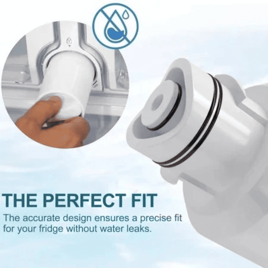 White water filter attachment with text about precise fit for refrigerator