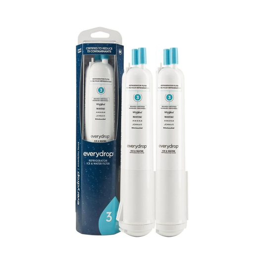 Everydrop ice and water filter packaging with two filters on a white background