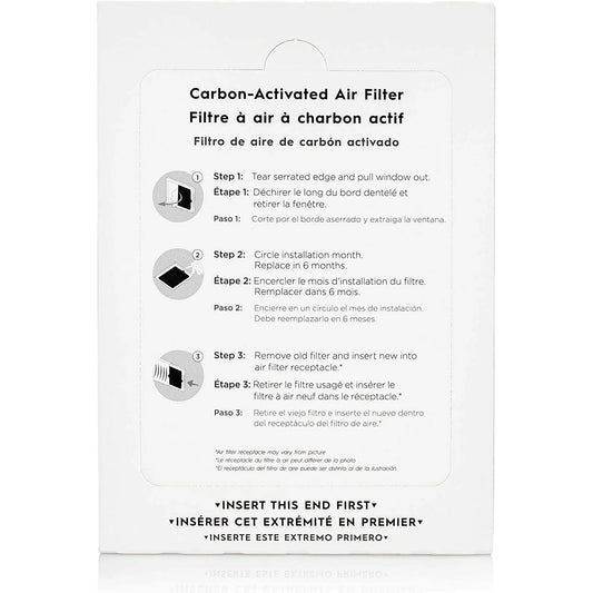 Carbon-activated air filter packaging with installation instructions on a white background