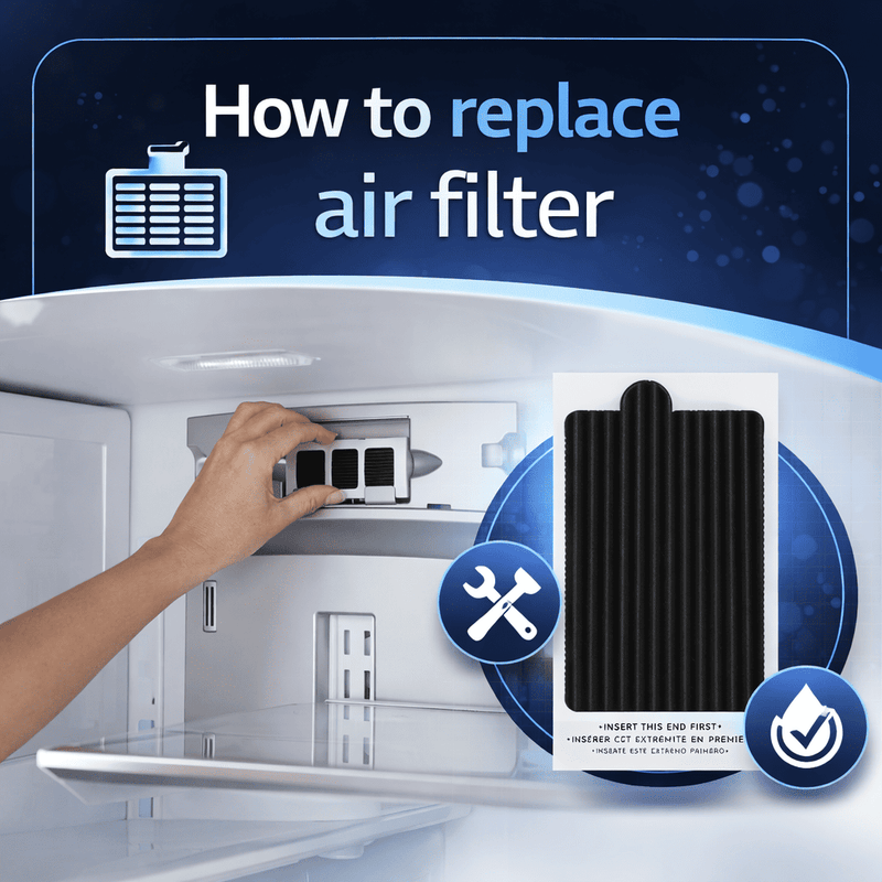 One air filter displaed in front and replacing other on refrigerator 