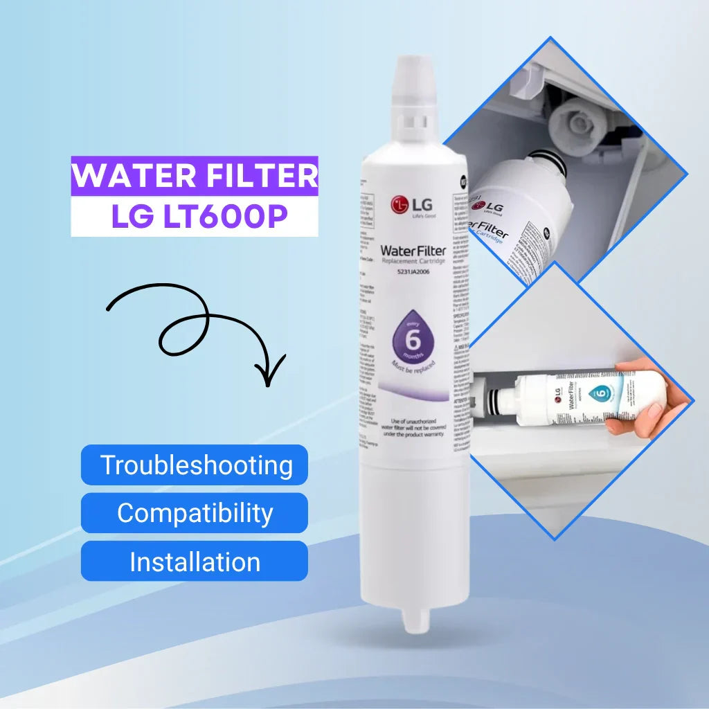 LG LT600P water filter replacement cartridge with installation and compatibility troubleshooting visuals for refrigerator filter replacement.