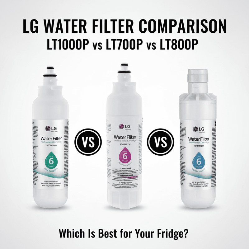 LG water filter comparison chart with LT1000P, LT700P, and LT800P filters on a white background.