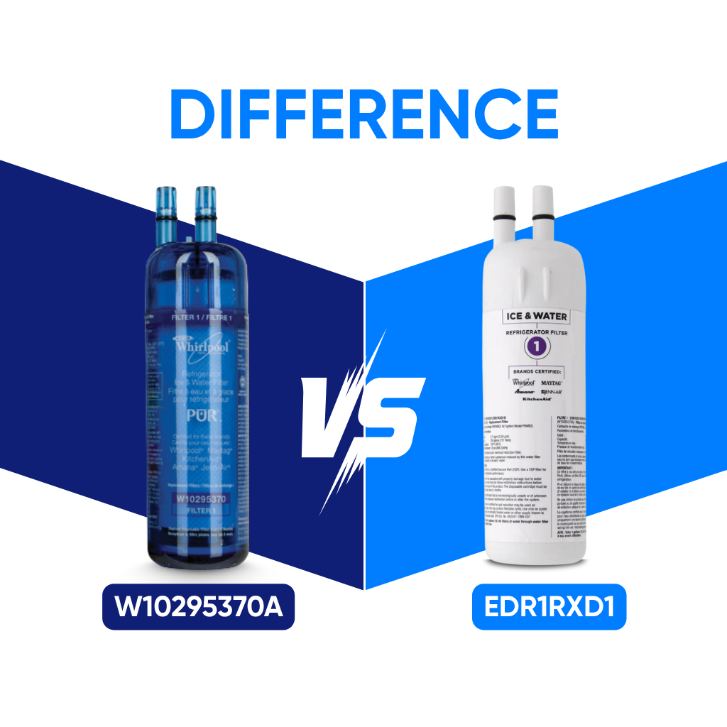 W10295370A vs EDR1RXD1 refrigerator water filters comparison image showing old Whirlpool filter and EveryDrop Filter 1 replacement side by side
