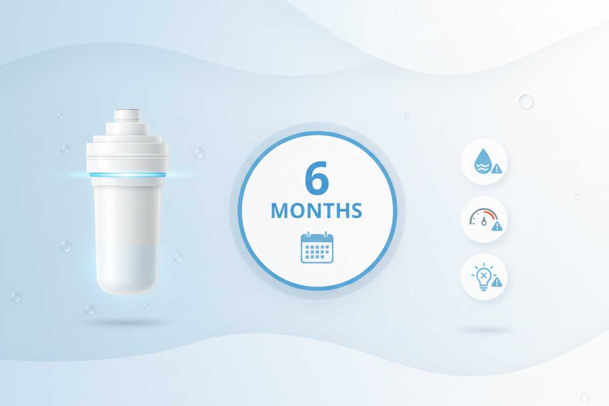 Refrigerator water filter 6-month replacement schedule infographic with warning signs