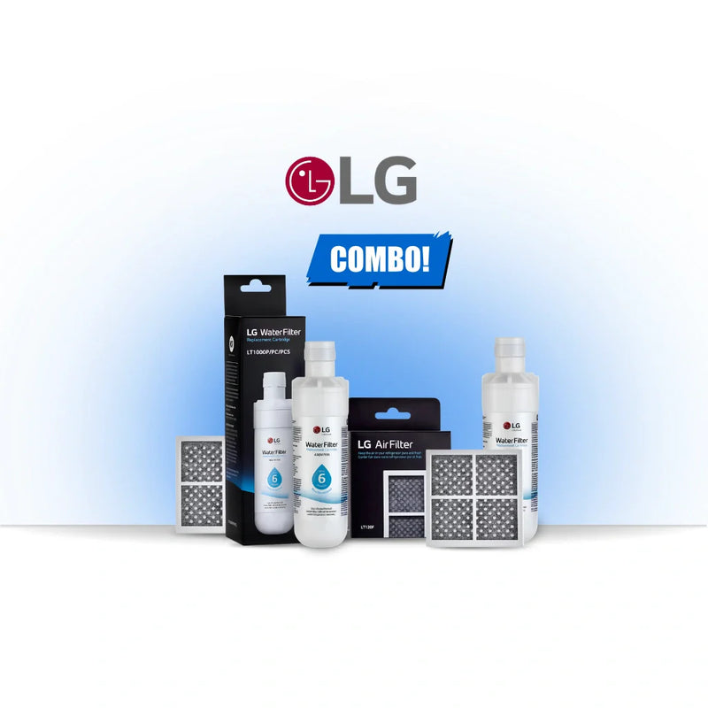 LG refrigerator filter combo pack including LT1000P water filter and LT120F air filter, with packaging and cartridges, improves water purity and eliminates fridge odors