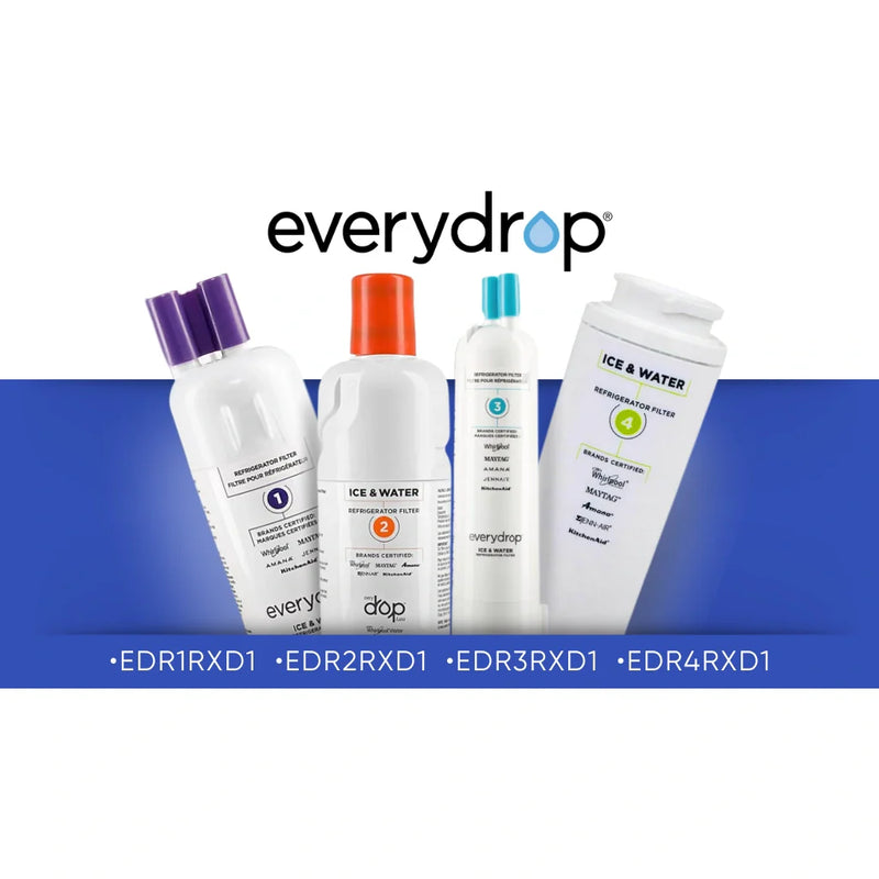 EveryDrop refrigerator water filter collection showing EDR1RXD1, EDR2RXD1, EDR3RXD1 and EDR4RXD1 replacement filters for Whirlpool, Maytag, Amana and KitchenAid refrigerators