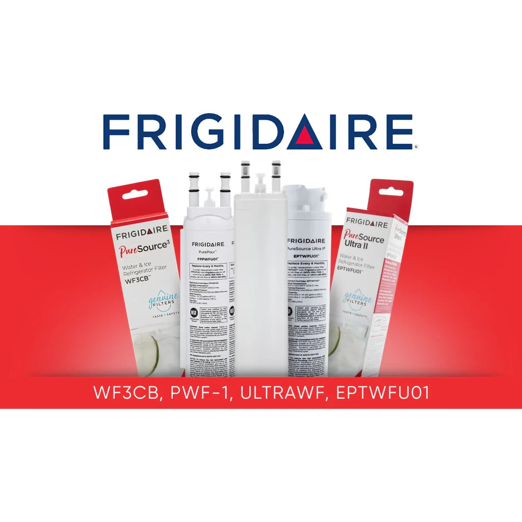 Frigidaire collection banner showing four refrigerator water filters—PWF-1, ULTRAWF, WF3CB, and EPTWFU01—with packaging and cartridges on a red background.