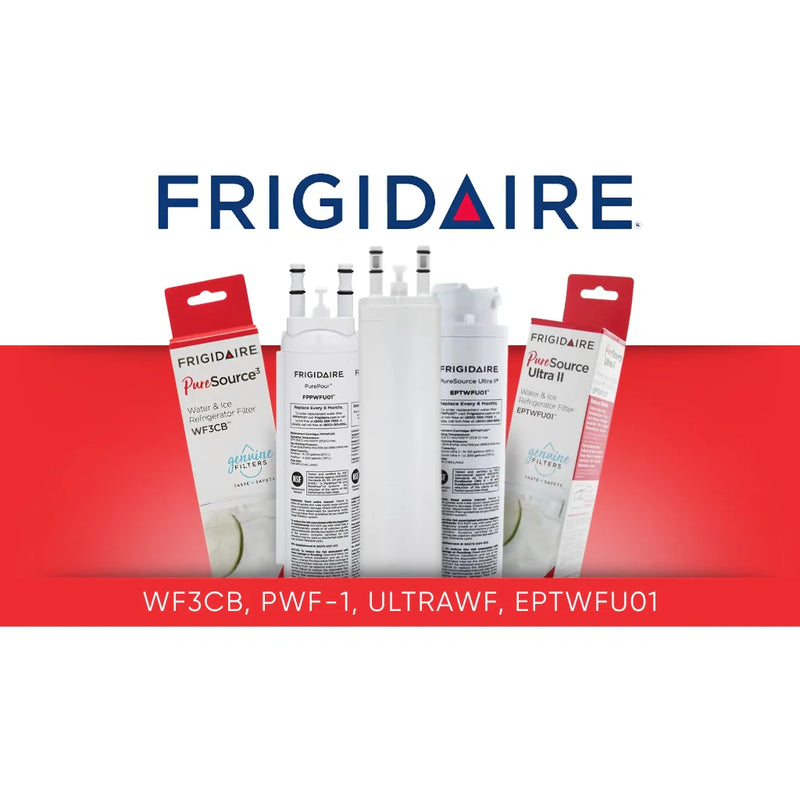 Frigidaire collection banner showing four refrigerator water filters—PWF-1, ULTRAWF, WF3CB, and EPTWFU01—with packaging and cartridges on a red background.