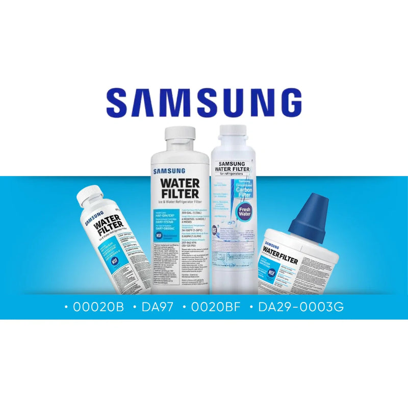 Samsung refrigerator water filter collection showing DA29-00020B, DA97-17376B, DA29-00020BF and HAF-QIN replacement water filters for Samsung refrigerators