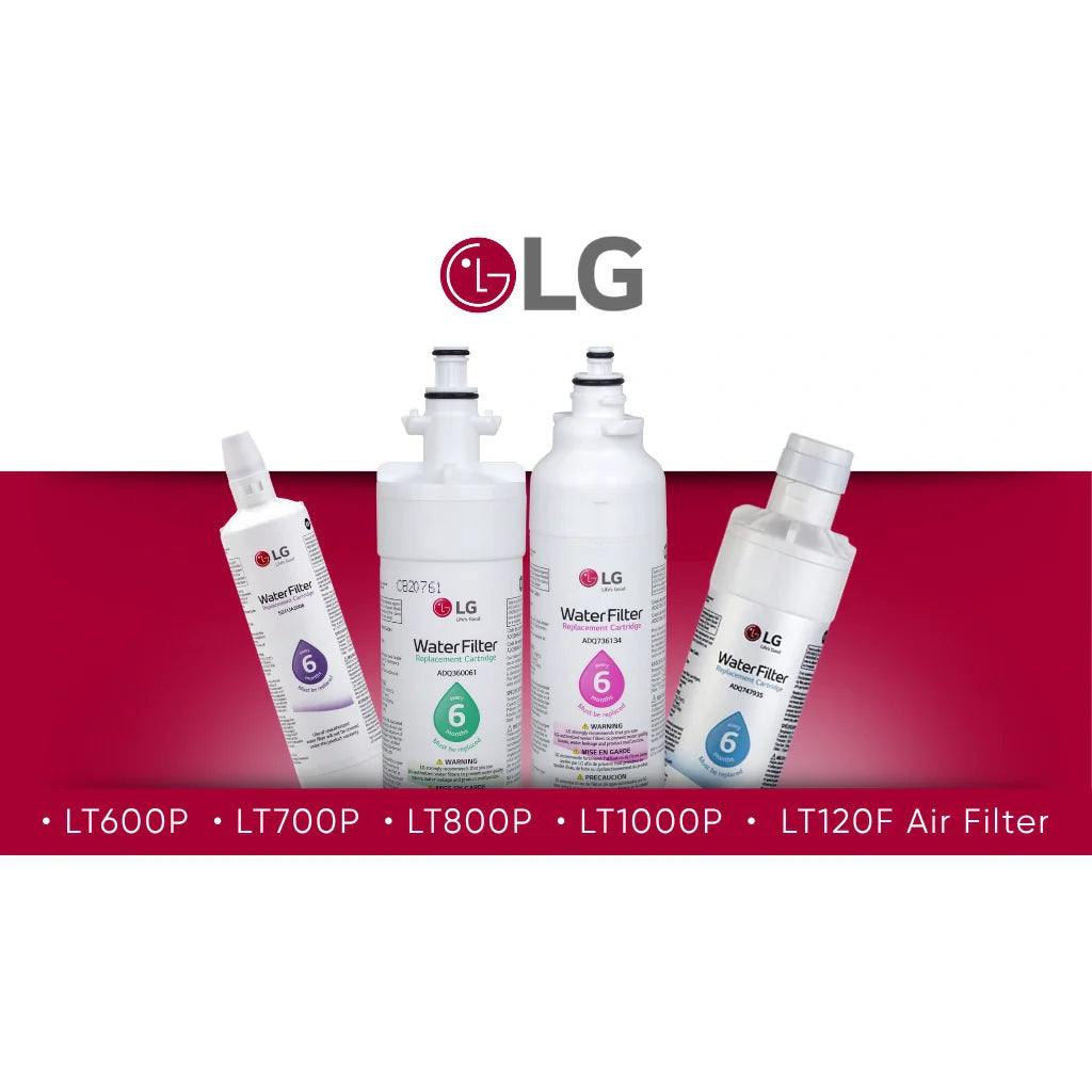 LG refrigerator filter collection featuring LT600P, LT700P, LT800P, LT1000P water filters and LT120F refrigerator air filter replacement