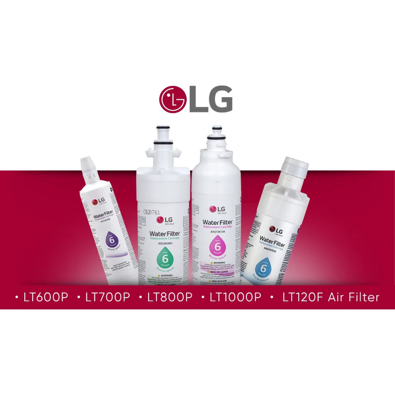 LG refrigerator filter collection featuring LT600P, LT700P, LT800P, LT1000P water filters and LT120F refrigerator air filter replacement