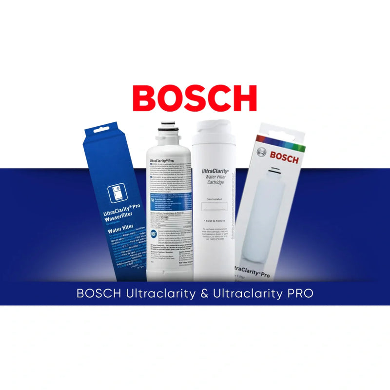 Bosch UltraClarity and UltraClarity Pro refrigerator water filter collection showing Bosch replacement water filters for Bosch refrigerators