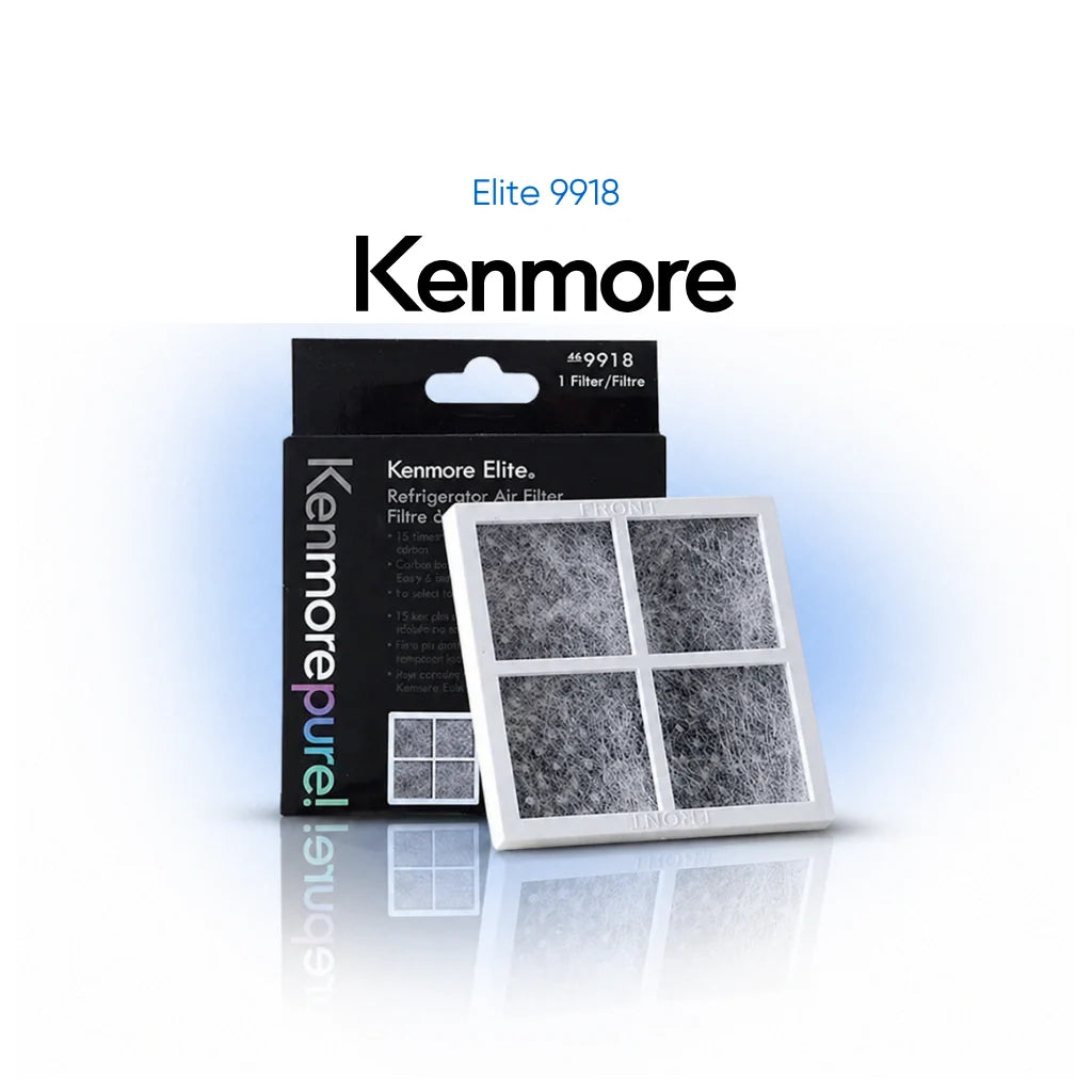 Kenmore Elite 9918 refrigerator air filter replacement, Kenmorepure 469918 fridge air filter with packaging, helps reduce odors and improve air quality in Kenmore refrigerators