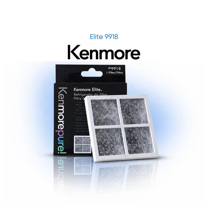 Kenmore Elite 9918 refrigerator air filter replacement, Kenmorepure 469918 fridge air filter with packaging, helps reduce odors and improve air quality in Kenmore refrigerators
