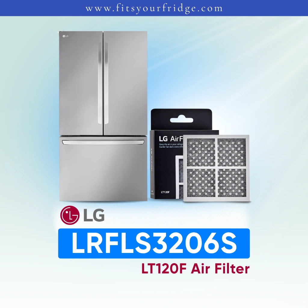 LG refrigerator with air filter packaging and model number LRFLC2706S on a light blue background.