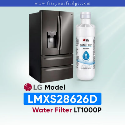 LG LMXS28626D refrigerator with compatible LG LT1000P water filter shown beside a black stainless steel French door refrigerator, FitsYourFridge compatibility image for replacement refrigerator water filter.