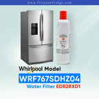 Whirlpool WRF767SDHZ04 refrigerator with compatible EveryDrop Filter 2 EDR2RXD1 water filter shown beside a stainless steel French door refrigerator, compatibility image for replacement refrigerator water filter.
