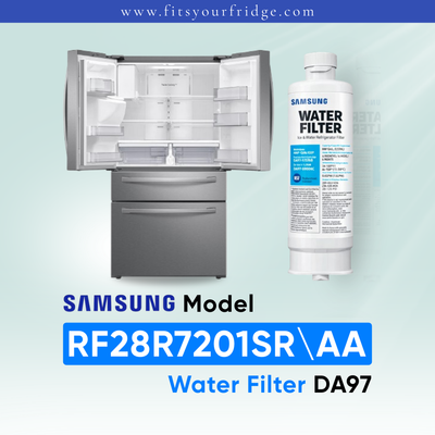 Samsung RF28R7201SR/AA refrigerator with a compatible Samsung DA97 water filter shown next to an open stainless steel French door refrigerator interior, FitsYourFridge compatibility image.