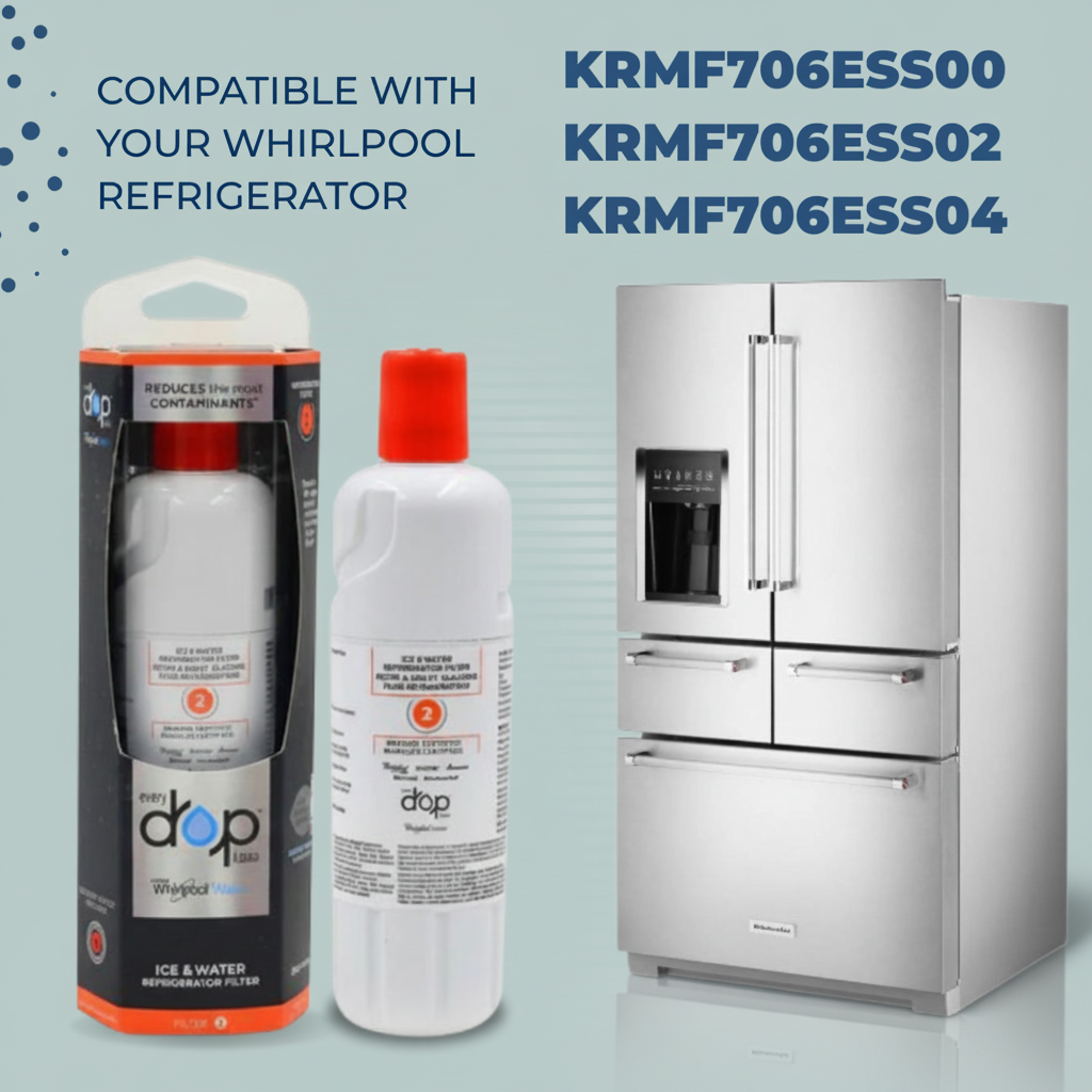 Dop refrigerator water filter with packaging and Whirlpool refrigerator on a light blue background