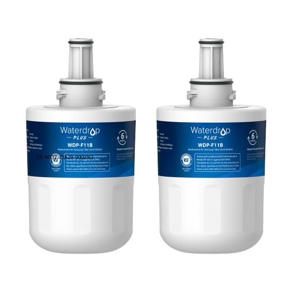 Two water filter cartridges with blue labels on a white background
