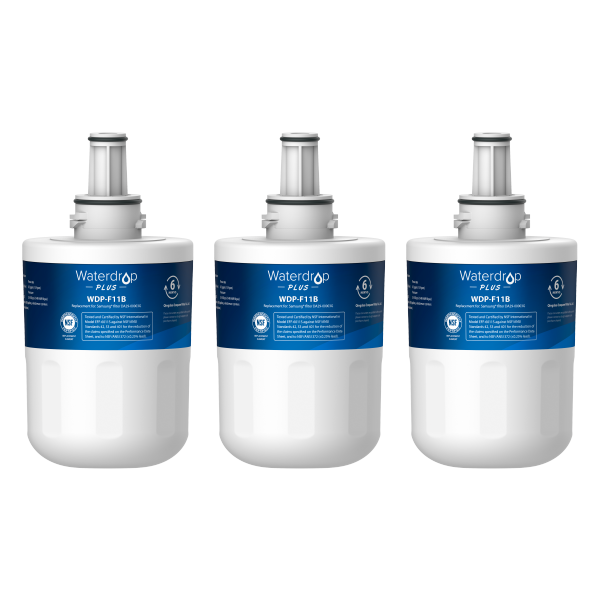 Three Waterdrop PLUS water filters on a white background