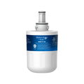 White water filter with blue label on a white background