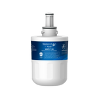 White water filter with blue label on a white background