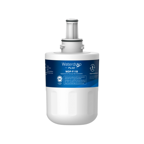 White water filter with blue label on a white background