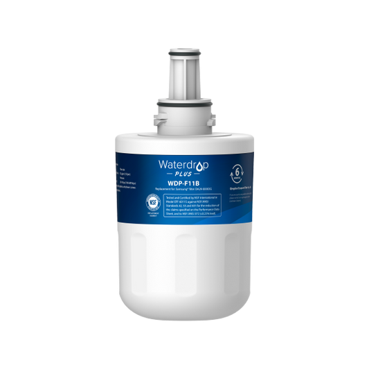 White water filter with blue label on a white background