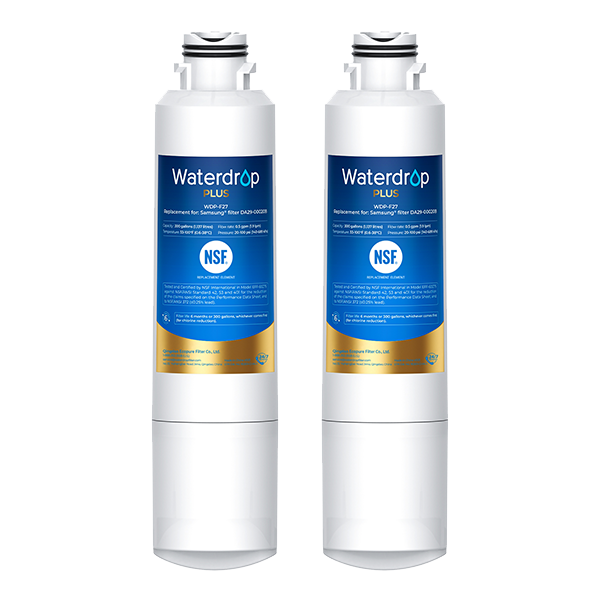 Two Waterdrop Plus water filters on a white background
