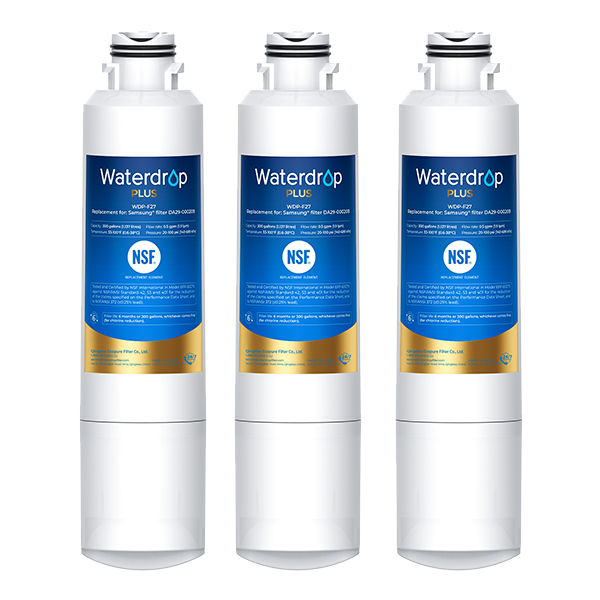 Three Waterdrop Plus water filters on a white background