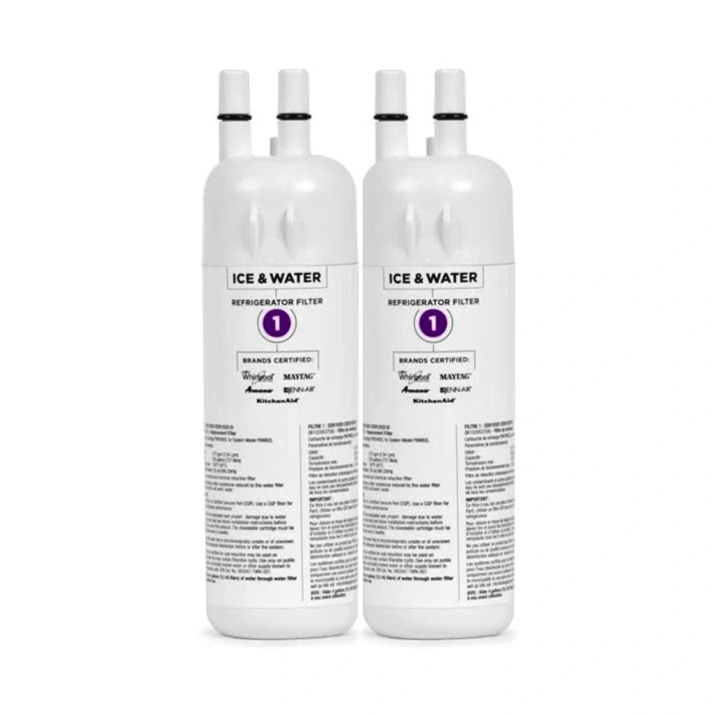 Two white refrigerator water filter cartridges on a white background