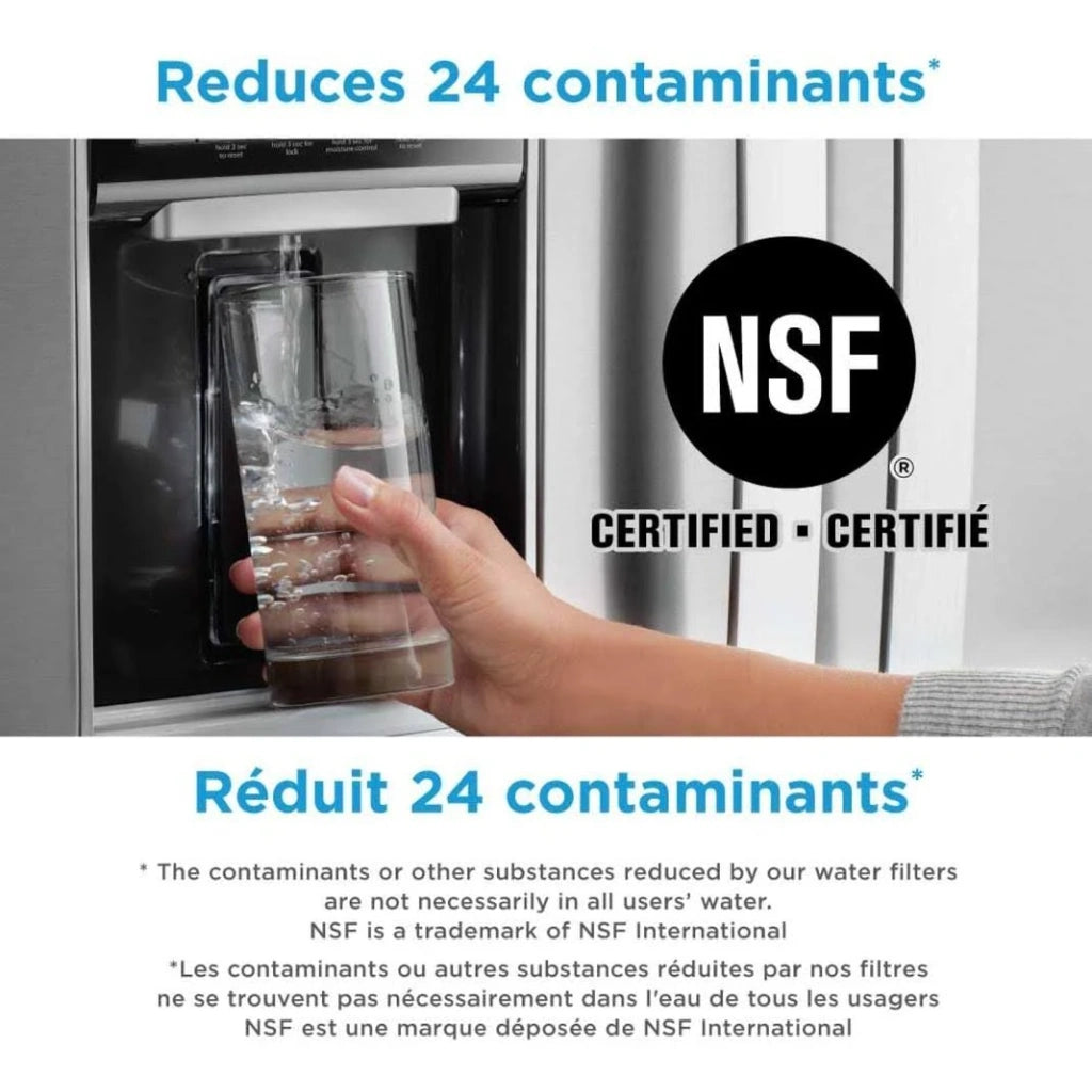 Hand holding a glass of water next to a water filter with NSF certification logo.