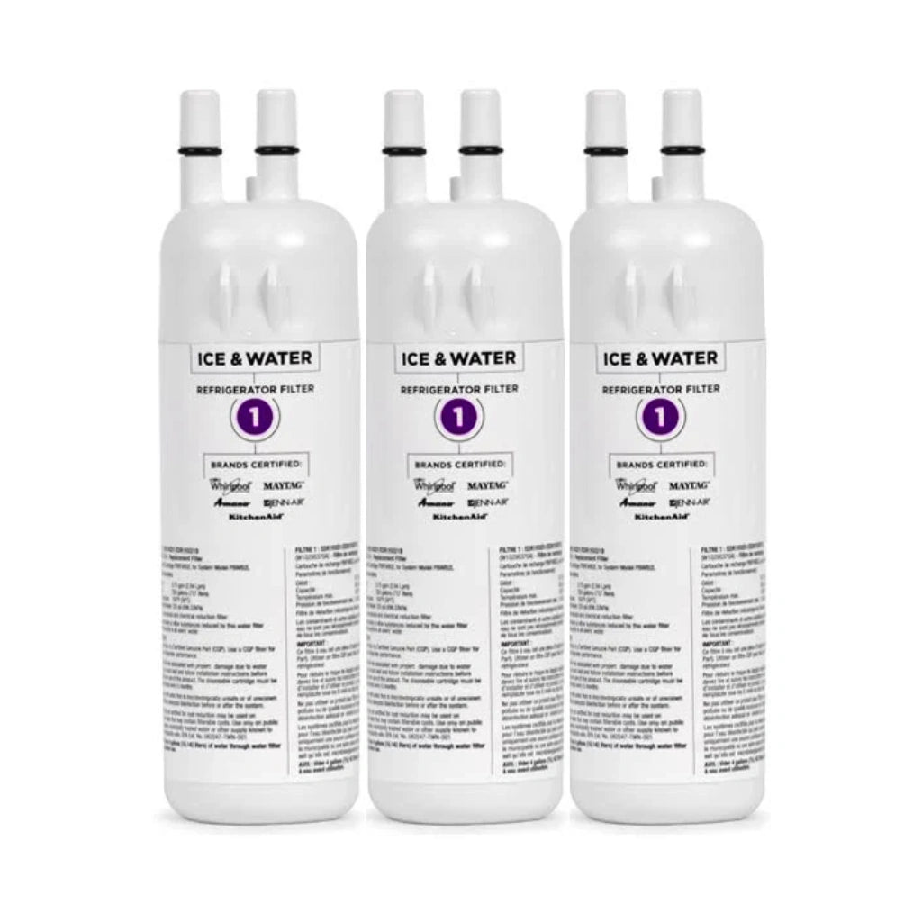 Three white refrigerator water filter cartridges with labels on a white background