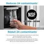 Hand holding a glass of water next to a water filter with NSF certification logo.