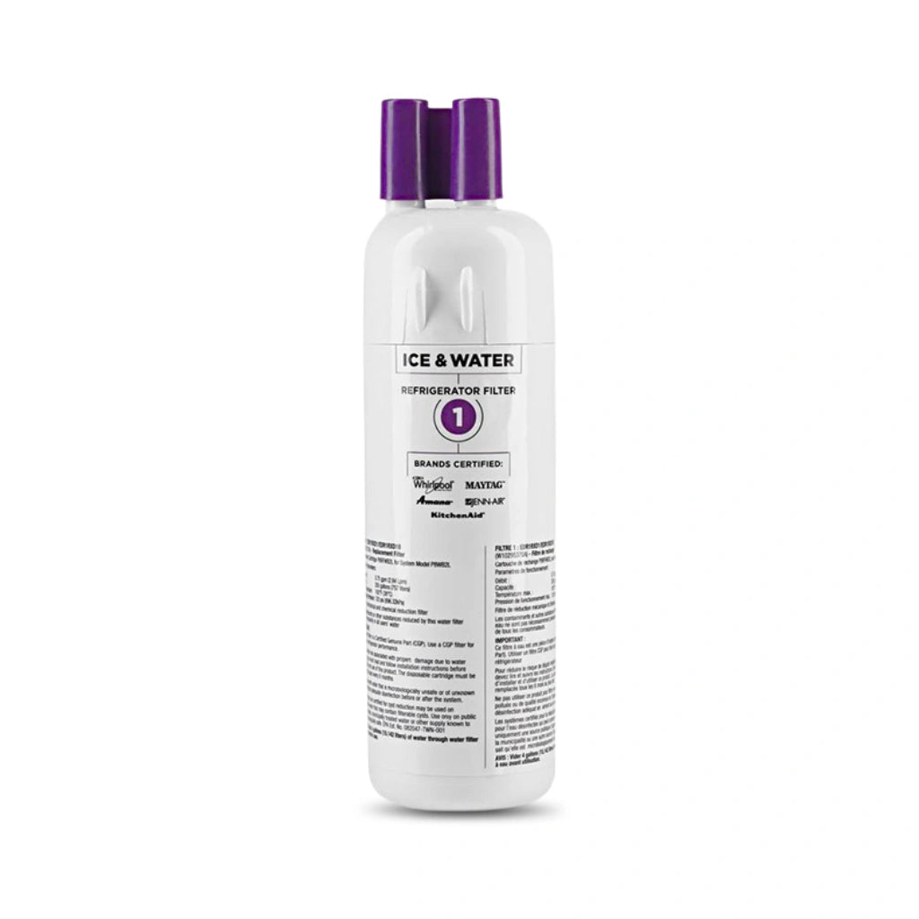 White water filter bottle with purple cap on a white background