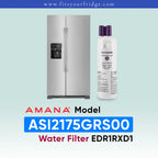 A stainless steel side-by-side refrigerator shown next to a white Amana water filter bottle with purple caps, on a pale blue gradient background with text reading 'AMANA Model ASI2175GRS00 Water Filter EDR1RXD1'.