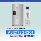 A stainless steel side-by-side refrigerator shown next to a white water filter bottle with purple caps. The image includes the text 'www.