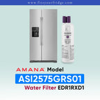 Amana Model ASI2575GRS01 water filter cartridge shown next to a stainless steel side-by-side refrigerator on a light blue gradient background, with the text 'AMANA Model ASI2575GRS01 Water Filter EDR1RXD1' below.
