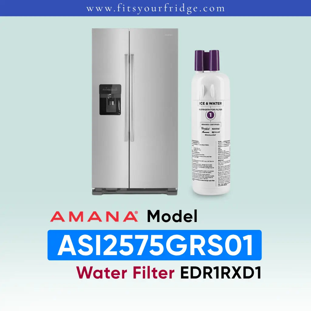 Amana Model ASI2575GRS01 water filter cartridge shown next to a stainless steel side-by-side refrigerator on a light blue gradient background, with the text 'AMANA Model ASI2575GRS01 Water Filter EDR1RXD1' below.

