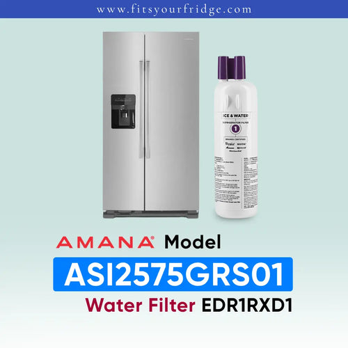 Amana Model ASI2575GRS01 water filter cartridge shown next to a stainless steel side-by-side refrigerator on a light blue gradient background, with the text 'AMANA Model ASI2575GRS01 Water Filter EDR1RXD1' below.
