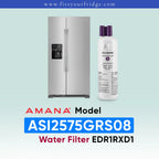 Amana Model ASI2575GRS08 water filter cartridge shown next to a stainless steel side-by-side refrigerator on a light blue gradient background, with the text 'AMANA Model ASI2575GRS08 Water Filter EDR1RXD1' below.
