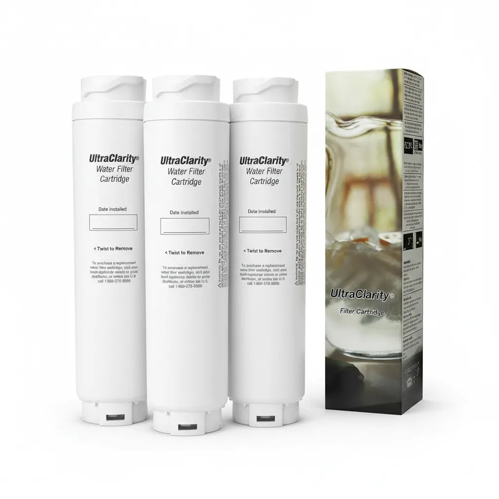 Three UltraClarity water filter cartridges with their packaging on a white background