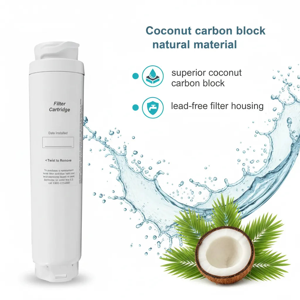Coconut carbon block refrigerator water filter cartridge with water splash background and coconut graphic, highlighting lead-free filter housing and natural coconut carbon filtration.