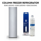 Bosch B18IF905SP Refrigerator Water Filter Column freezer refrigerator with water filter packaging and filter on a white background