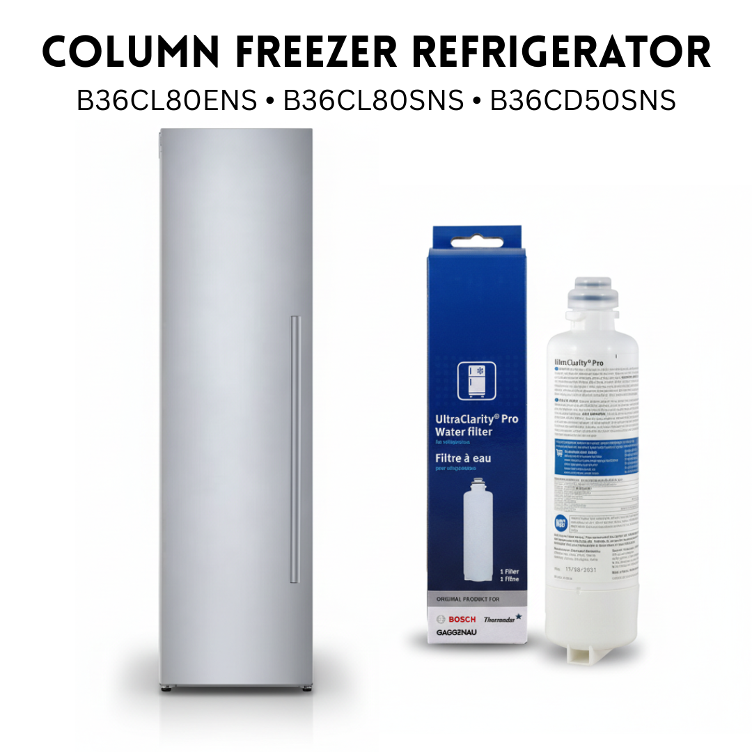 Bosch B18IF905SP Refrigerator Water Filter Column freezer refrigerator with water filter packaging and filter on a white background